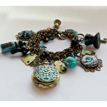 Alice in Wonderland Watch and Charm Bracelet in Antique Brass and Teal