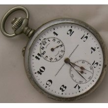 Angelus Alarm Pocket Watch Open Face Nickel Case 50 Mm. Enamel Dial Running