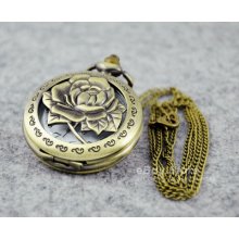 Antique Copper Rose Quartz Pocket Watch Steampunk Vintage Style Necklace Chain