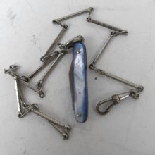 antique deco miniature mother of pearl blue knife fob charm w pocket watch chain fancy links silver tone mop nouveau supplies vintage e232