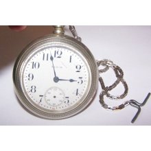 Antique Elgin Pocket Watch 1913 S18 Silverode 15 Jewels 17039704 Open Face Chain