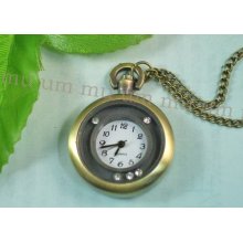 Antique Pocket Watch Necklace Circle Crystal Bronze Pendant Gift Wp185