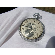 Antique Silver Tone Elgin Pocket Watch Peacocks On Face - Fancy 7 Jewels