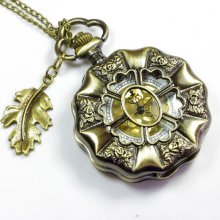 antique Steampunk rose golden dial Pocket Watch Locket Necklace with a leaf
