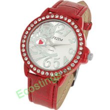 Artistic Ladies Good Crystal Wrist Watch Leather Strap