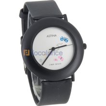 ASTINA 687 Women's Butterfly Design Round White-Tone Case Black Leather Strap Analog Watch with Diamonds