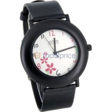 ASTINA 687 Women's Flowers Design Round White-Tone Case Black Leather Strap Analog Watch