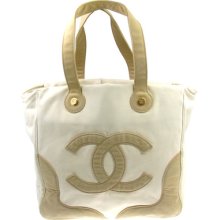Authentic Chanel Cc Logos Hand Tote Bag Canvas White Beige Vintage Italy 2b04181