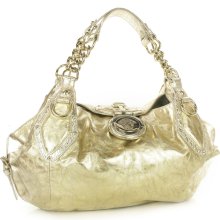 Authentic Versace Gold Leather Medusa Flap Hobo Shoulder Bag