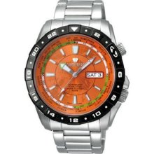 Automatic Travel Men's Watch with Silver Band and Orange Dial ...