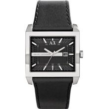 AX Armani Exchange Rectangular Leather Strap Watch, 43mm x 36mm Black/ Silver