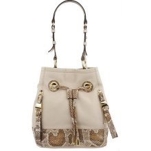 B. Makowsky Leather and Snake Embossed Drawstring Bag w/ZipperPockets - Stone - One Size