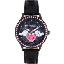 Betsey Johnson Watch Bj00020-07 Black Leather Angle Wings Mother Pearl Pink