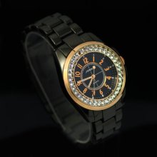 Black Band Rose Case Ladies Mens Luxury Sinobi Stainless Steel Wrist Watch