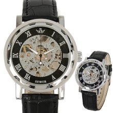 Black Leather Classic Skeleton Men Hand-winding Mechanical Wrist Watch+gift Box