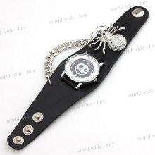 Black Punk Jacky Style Pirate Skull Head Band Wrist Rivet Analog Wrist Watch