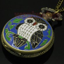 Black/white/blue/pink Night Owl Quartz Big Pocket Watch Necklace Chain Mens Gift