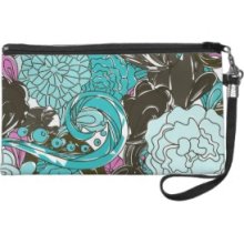 Blue Black Aqua Retro Floral Wristlet Clutch