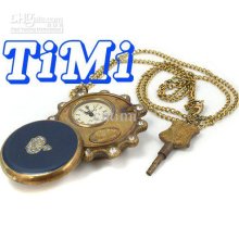 Blue Gemstone Copper Unisex Pocket Watch Necklace Key