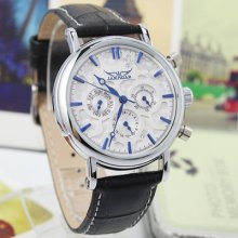 Blue Hand Indicates Dual Calendar 24hrs Mens Automatic Wrist Watch White Dial