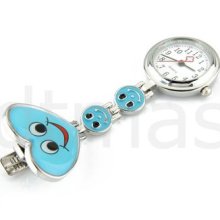 Blue Heart Quartz Movement Clip Nurse Brooch Tunic Watch Smiley Face