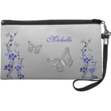 Blue Silver Butterfly Floral Wristlet Bag 2