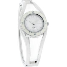 Bongo Ladies White Enamel Bezel Hinged Bangle Bracelet Quartz Dress Watch BG2151