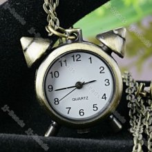 Bronze Alarm Clock Quartz Pocket Watch Pendant Necklace