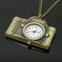 Bronze Retro Camera Necklace Pendant Quartz Pocket Watch Chain Womens N206