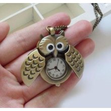 Bronzed Stg Cute Bronzed Owl Slide Pocket Watch Vintage Necklace Fobwatch Chain