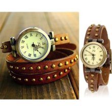 Brown Women Bracelet Analog Watch Decorated Three Loops Cowhide - Brown - Other - Adjustable