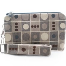 Brown wristlet / clutch with dots / small purse / zipper pouch & detachable key fob gift set for women in mid century modern style fabric