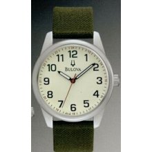 Bulova Casual Collection Men`s Cream Dial Watch W/ Green Canvas Strap