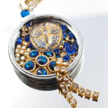 Butterfly Blue Pocket Watch Necklace Vintage Rhinestones Glass Button Assemblage Pendant