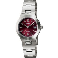 Casio Red Ladies Analogue Steel Band With Date Display Watch Ltp-1241d-4a2
