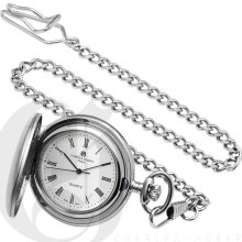 Charles Hubert Classic White Dial Brushed Silver Tone Pocket Watch and Chain 3611