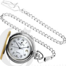 Charles Hubert Classic White Dial Silver Tone Pocket Watch and Chain with Gold Shield 3560