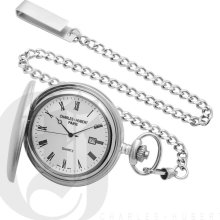 Charles Hubert Classic White Dial Pocket Watch with Sterling Silver Chain and Date 3768