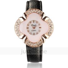 Charming Flower Rhinestone Blk Faux Leather Strap Womens Quartz Hour Wrist Watch