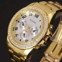 Charming Golden Stainless Steel Women Mens Gift White Crystal Quartz Wrist Watch