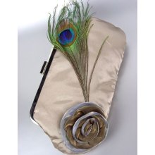 Chic Beige Satin Flower Bouquet Peacock Feather Clutch Evening Purse Bag - Other Beige - Satin