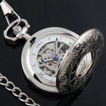 Classic Silver Steel Antique Roman Numeral Wind-up Mechanical Mens Pocket Watch