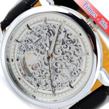 Classic Silvery Skeleton Men's Wrist Watch Leather Band Mechanical Hand Winding
