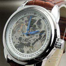 Clock Hours Dial Silver Mechanical Automatic Leather Unisex Men Wrist Watch W027