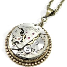 Clockwork Steampunk Necklace, Vintage Pocket Watch Movement, Art Deco Pendant Brass