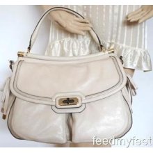 Coach 17782 Ivory Leather Flagship Dowel Flap Chain Handbag Shoulder Bag Satchel