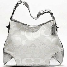 Coach Peyton Signature Sateen Metallic Shoulder Bag Hobo Purse 19758m Silver