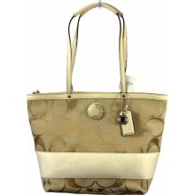 Coach Signature Stripe Tote 19046 Light Khaki/White ...