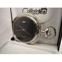 Colibri Polished Silvertone 3 Diamond Black Face Pocket Watch