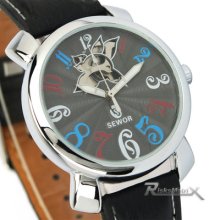 Colorful Numbers Metal Grey Dial Auto Mechanical Black Leather Band Men Watch